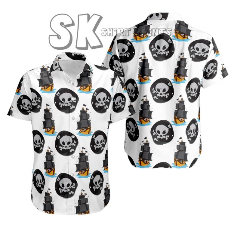 Pirate Hawaiian Shirt Custom Photo Design Jolly Roger Skulls Ships White