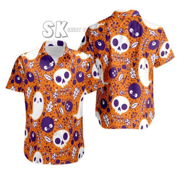 Halloween Skull Shirt - Orange & Purple Creepy Button-Up for Men & Women