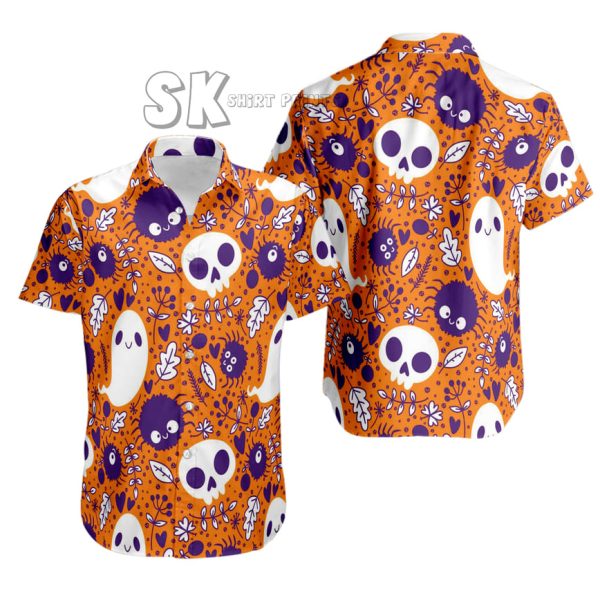 Men’s & Women’s Halloween Button-Up Shirt – Fun & Creepy Skull Pattern, Vibrant Orange & Purple Skull Design