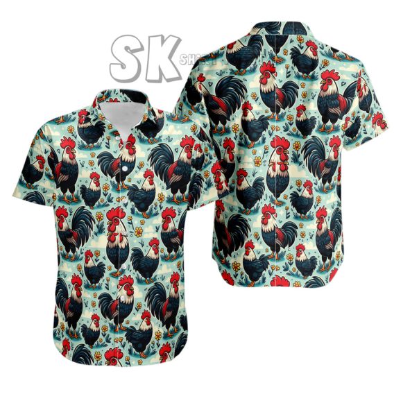 Rooster Hawaiian Shirt Custom Photo - Mint Green Tropical Farm Design