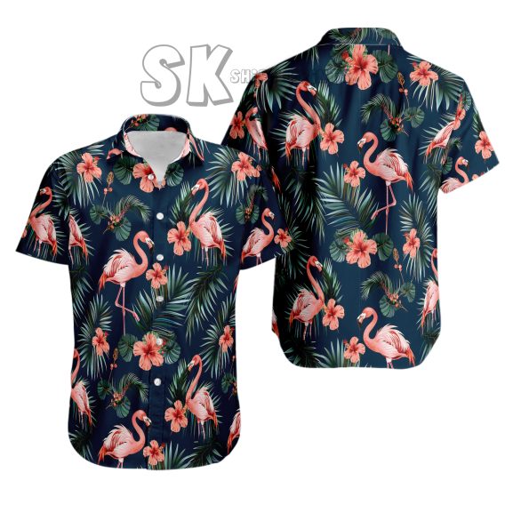 Navy Blue Flamingo Hawaiian Shirt - Custom Photo Print Tropical Summer Tee