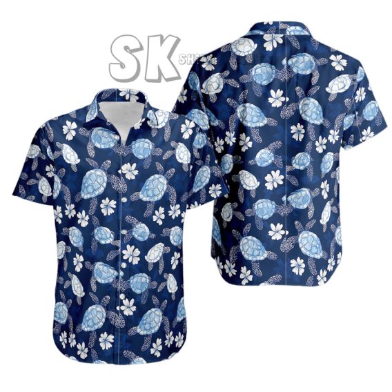 Sea Turtle Hawaiian Shirt with Custom Photo Navy Blue Ocean Design