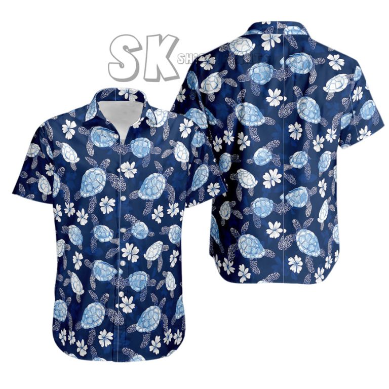 Sea Turtle Hawaiian Shirt with Custom Photo Navy Blue Ocean Design