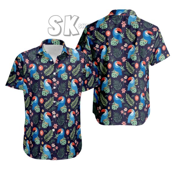 Custom Photo Hawaiian Shirt - Navy with Toucans and Cacti Print