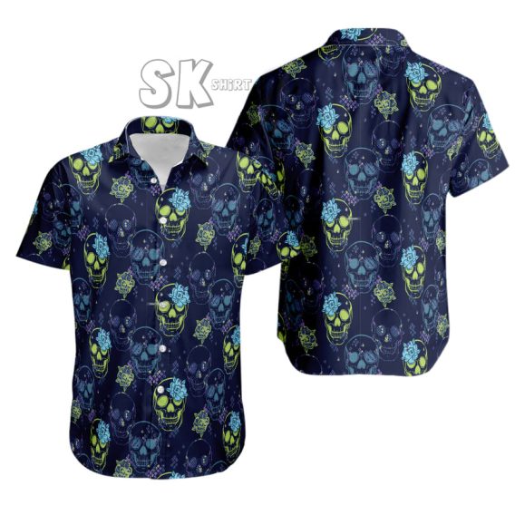 Neon Skull Hawaiian Shirt - Custom Photo Face Print for Halloween Fun