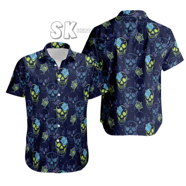 Neon Skull Hawaiian Shirt - Perfect for Halloween & Casual Wear, Trendy Skull Print Button-Up for Men