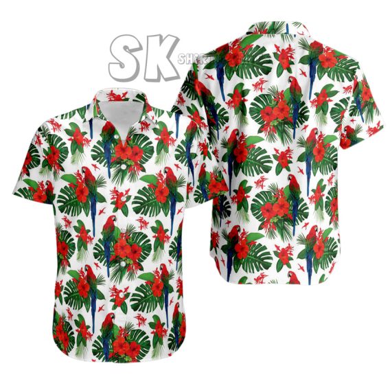Red Parrot Hawaiian Shirt Custom Photo - Tropical Birds & Hibiscus Design
