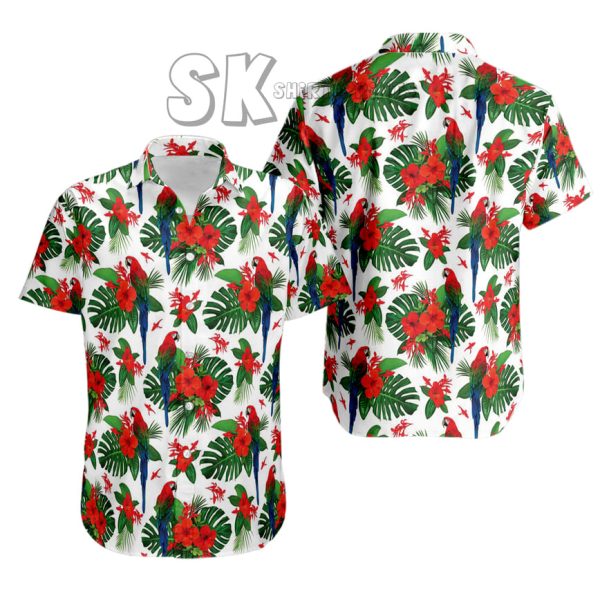 Red Parrot & Hibiscus Hawaiian Shirt – Bold Tropical Flair