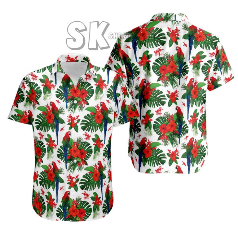 Red Parrot Hawaiian Shirt Custom Photo – Tropical Birds & Hibiscus Design