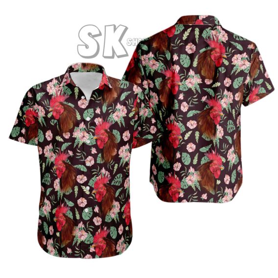 Red Rooster Hawaiian Shirt Custom Photo Print Dark Background Tropical