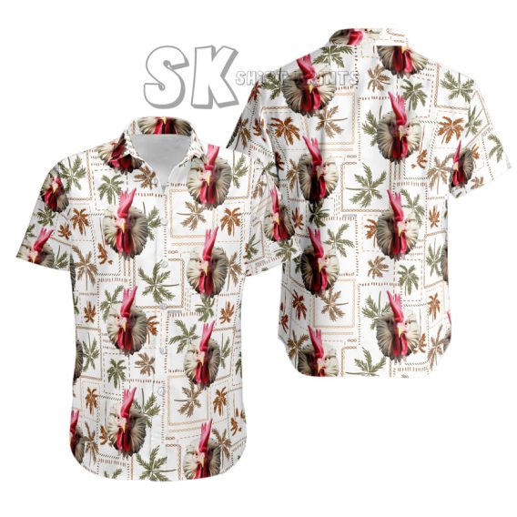 Rooster Hawaiian Shirt Custom Photo Print - White Palm Leaf Background