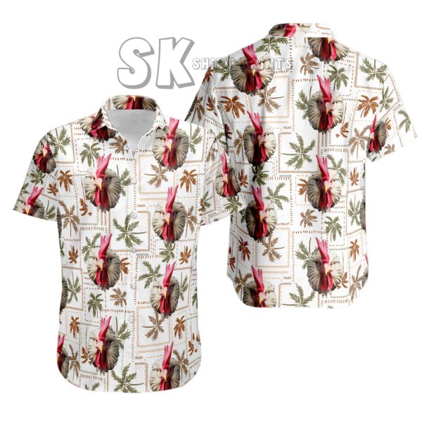 Retro Rooster & Palm Leaf Hawaiian Shirt – Tropical Flair on White