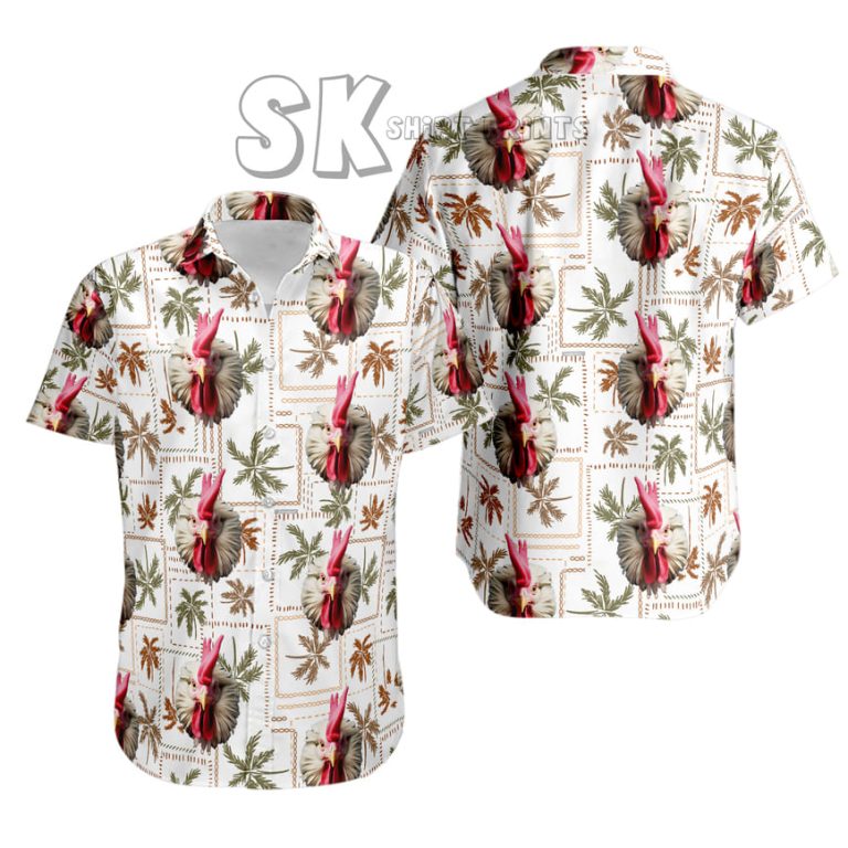 Rooster Hawaiian Shirt Custom Photo Print – White Palm Leaf Background