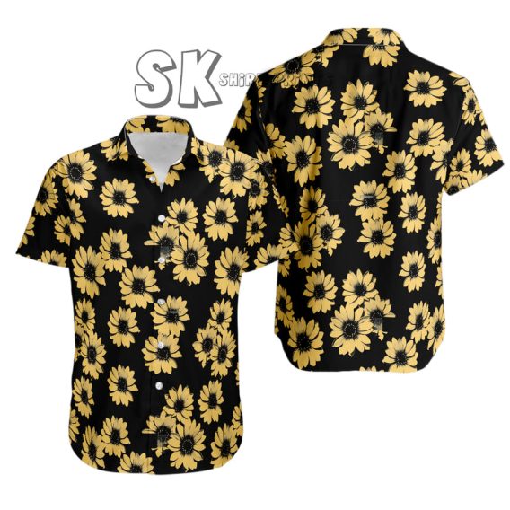 Sunflower Hawaiian Shirt Custom Photo Black Gold Vintage Summer Floral