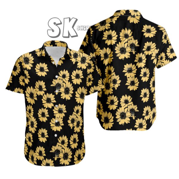 🌞  Sunflower Print Hawaiian Shirt - Vintage Tropical Vibe | InkspiredTees Black & Gold Trendy Summer Floral Shirt