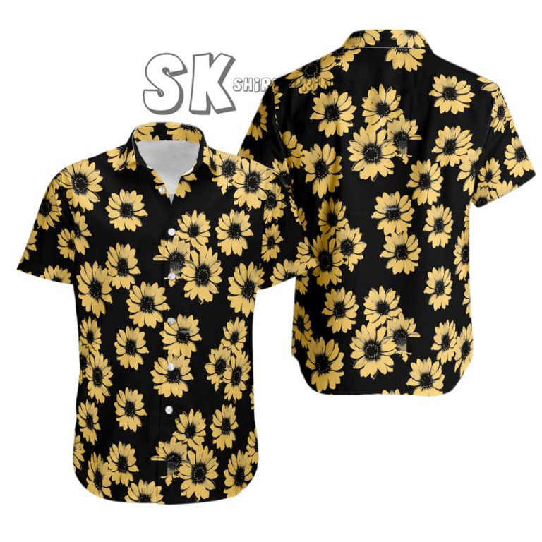 Sunflower Hawaiian Shirt Custom Photo Black Gold Vintage Summer Floral