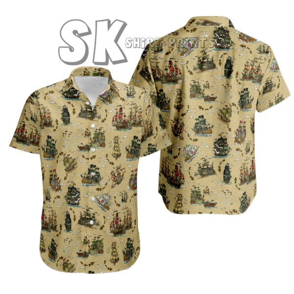 Vintage Pirate Ship Hawaiian Shirt – Beige Nautical Shirt for Beach & Summer