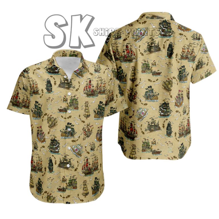 Vintage Pirate Ship Hawaiian Shirt – Beige Nautical Custom Photo Design
