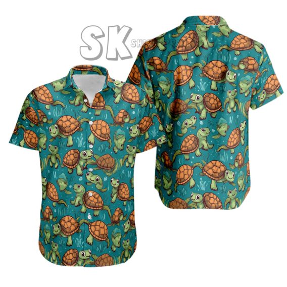 Cartoon Turtle Hawaiian Shirt Custom Photo — Teal Blue Ocean Beach