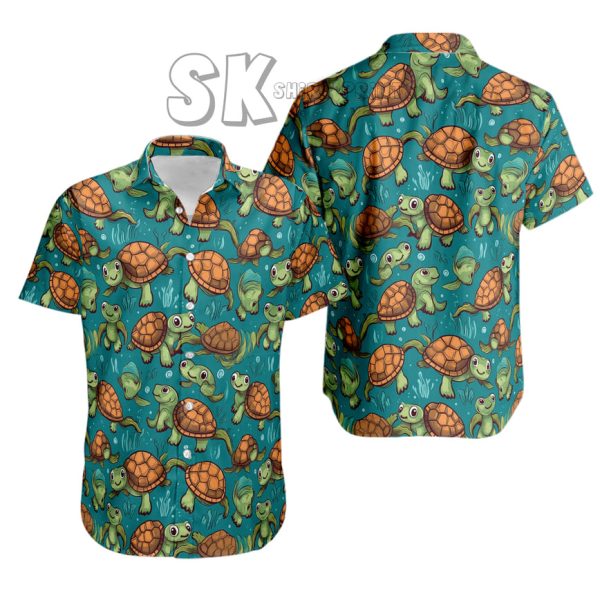 Whimsical Cartoon Turtle Hawaiian Shirt – Vibrant Teal Summer Style