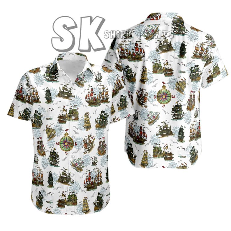 Pirate Ship Hawaiian Shirt – White Nautical Photo Print for Beach Sailing