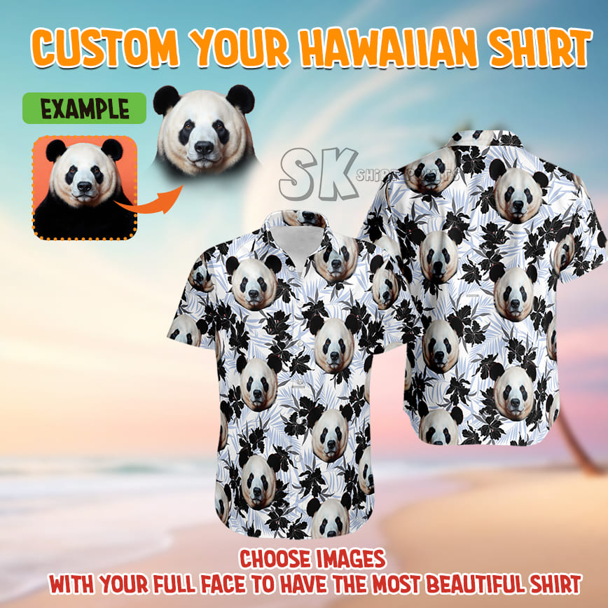 Custom Panda Face On Hawaiian Shirt – Black & White Tropical Design