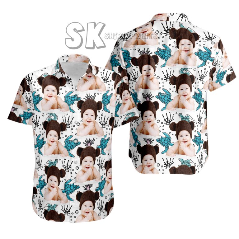 Custom Baby Photo Hawaiian Shirt with Sea Turtles Swimming Around Face