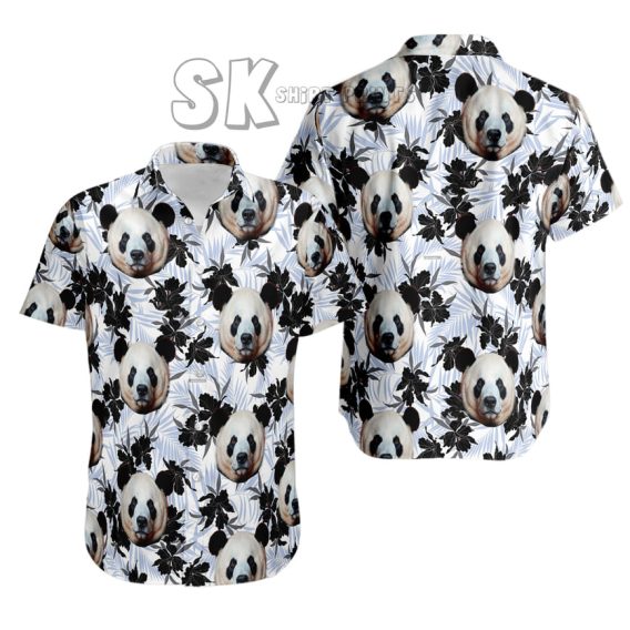 Custom Panda Hawaiian Shirt - Your Face in Black White Tropical Paradise