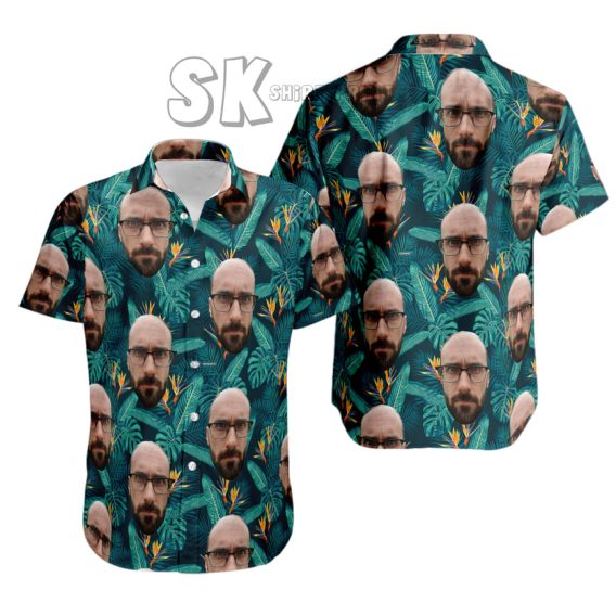 Hawaiian Shirts Custom Face Green Tropical Leaf Pattern Photo Upload