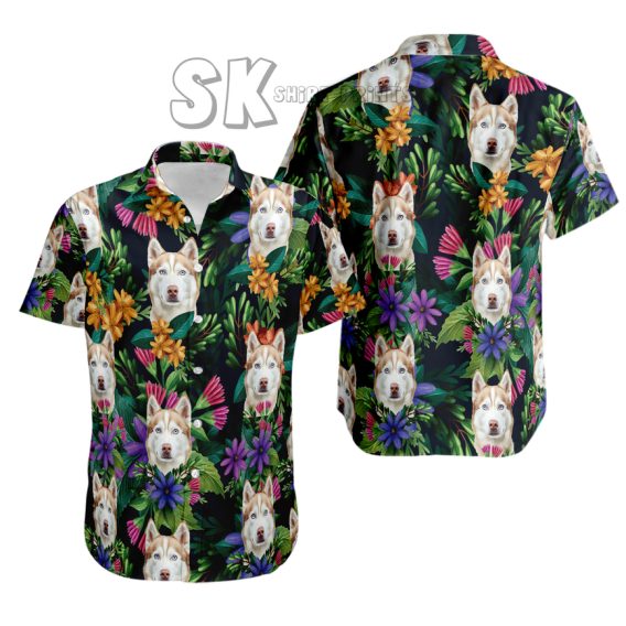Husky dog face on a custom Hawaiian shirt with tropical flowers