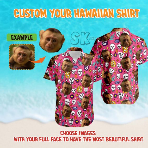 Scarface Hawaiian Shirt Red Base Monkey Face Pink Skull Custom Photo Print