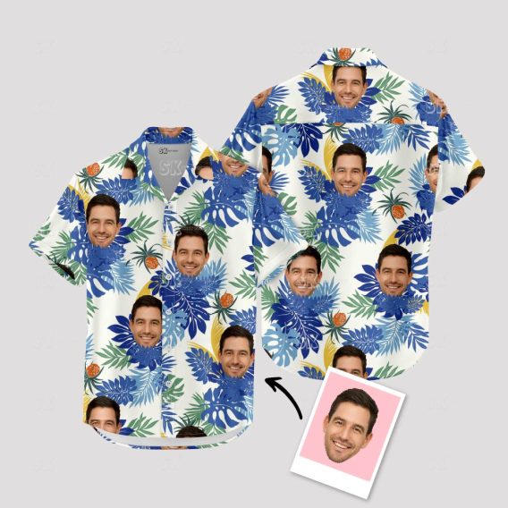 Custom Face Hawaiian Shirt Blue White Tropical Pattern Men