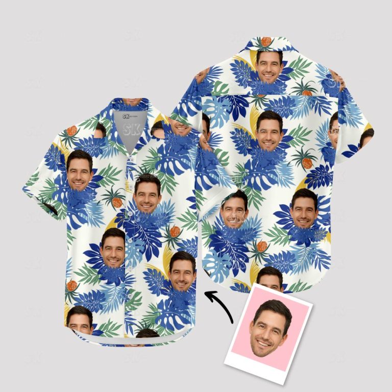 Custom Face Hawaiian Shirt Blue White Tropical Pattern Men
