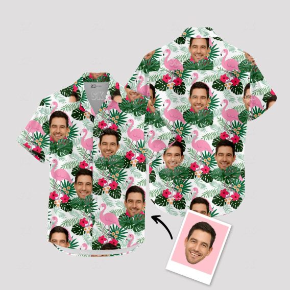 Custom Face Flamingo Hawaiian Shirt - Pink Green Photo Print for Men