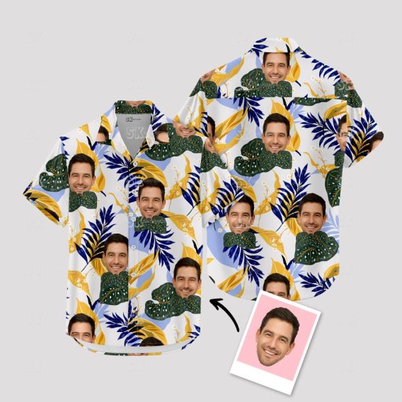 Custom Face Hawaiian Shirt - White Tropical Long Sleeve Men's Design
