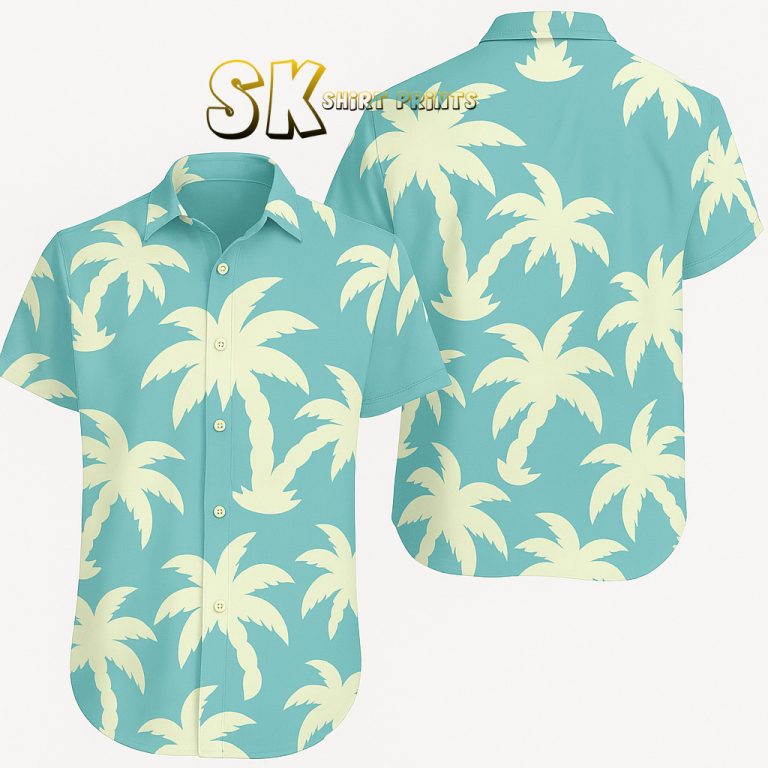 Tropical Button Down Shirt – Light Blue Palm Tree Print for Men
