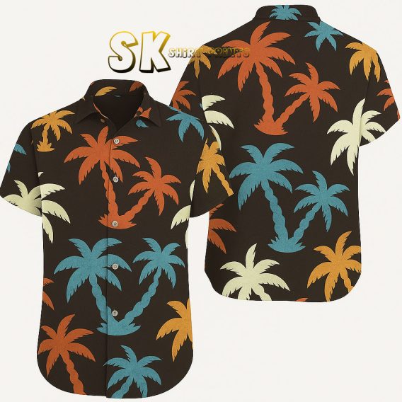 Black Hawaiian Shirt Men's Custom Photo - Multicolor Palm Tree Pattern