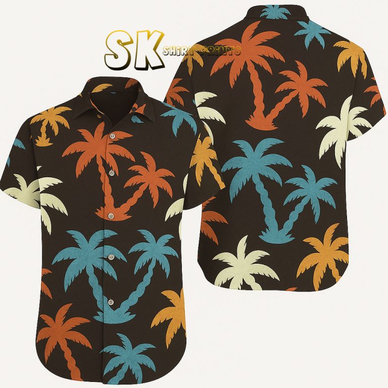 Black Hawaiian Shirt Men’s Custom Photo – Multicolor Palm Tree Pattern