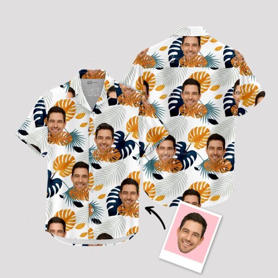 Long Sleeve Hawaiian Shirt Mens White Tropical Custom Face Photo Print