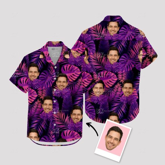 Custom Face Hawaiian Shirt - Black Purple Tropical Photo Print Design