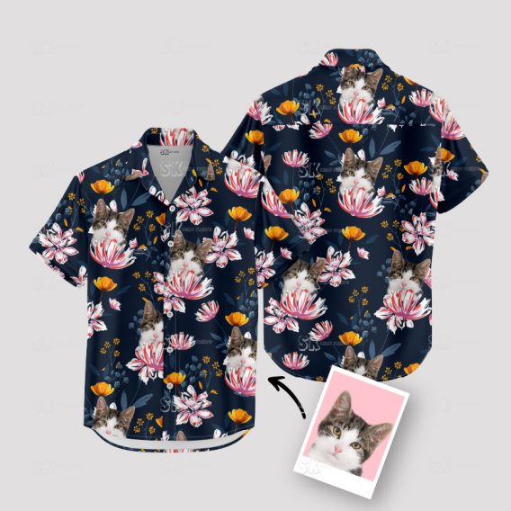 Custom Cat Hawaiian Shirt - Your Pet's Face on Black Floral Design