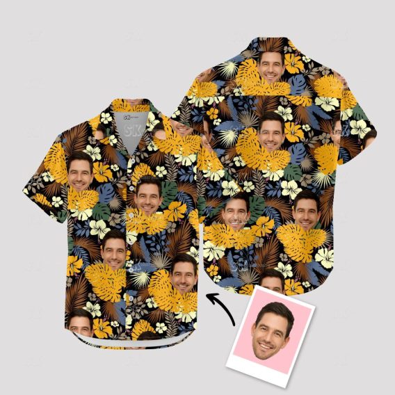 Black Floral Hawaiian Shirt Custom Face Photo Print Tropical Design Men