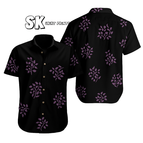 Black Floral Hawaiian Shirt Custom Photo Print - Purple Leaves Pattern