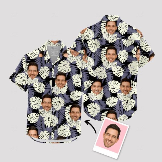 Black Hawaiian Shirt Custom Face Tropical Leaf Photo Print for Men