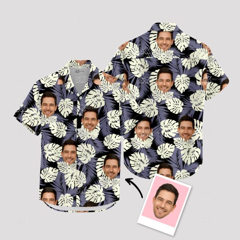 Black Hawaiian Shirt Custom Face Tropical Leaf Photo Print for Men