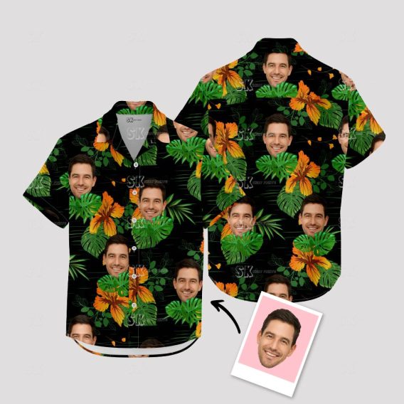 Black Mens Hawaiian Shirt – Custom Face Tropical Print for Summer Fun