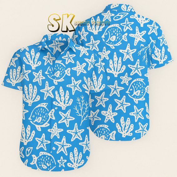 Blue Hawaiian Shirt Custom Photo Sea Life Fish White Coral Ocean Theme
