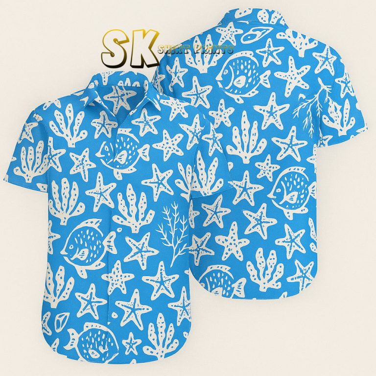 Blue Hawaiian Shirt Custom Photo Sea Life Fish White Coral Ocean Theme