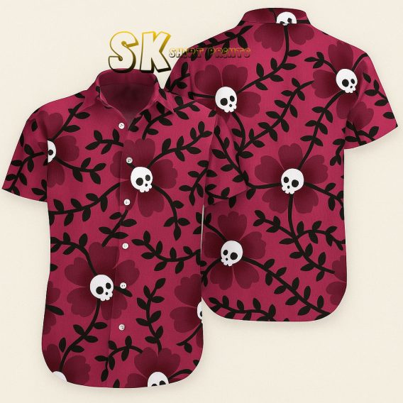 Burgundy Skull Hawaiian Shirt - Custom Photo Gothic Floral Design