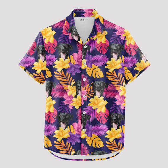 Custom Dog Photo Hawaiian Shirt - Pet Face Print on Tropical Leaves